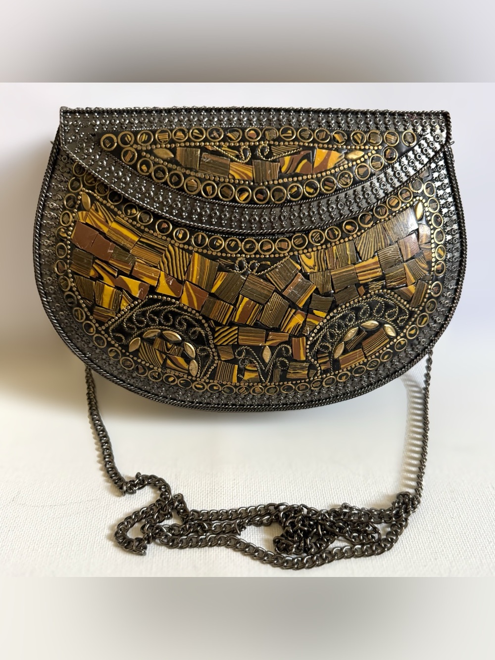 Mosaic Artisan Silver Metal Hard Case Purse Tiger Eye Chain Boho Crossbody Bag